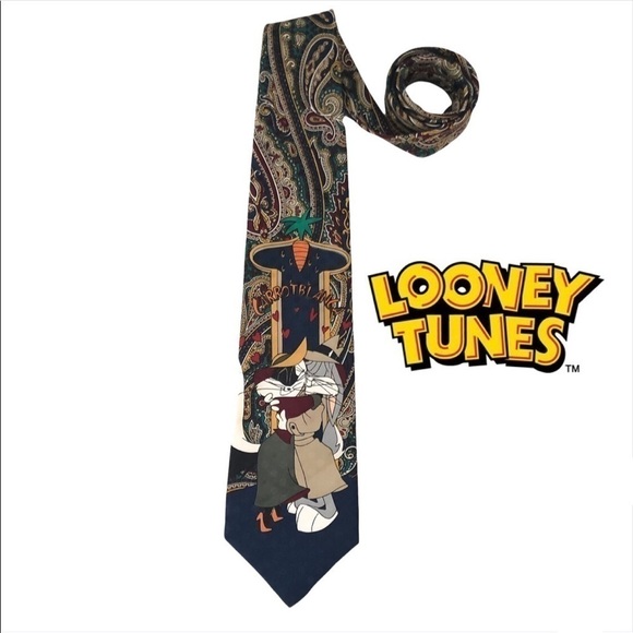𝅺Vintage Looney Tunes Bugs Bunny Casablanca “Carrotblanca” Classic Paisley Tie - Picture 1 of 9